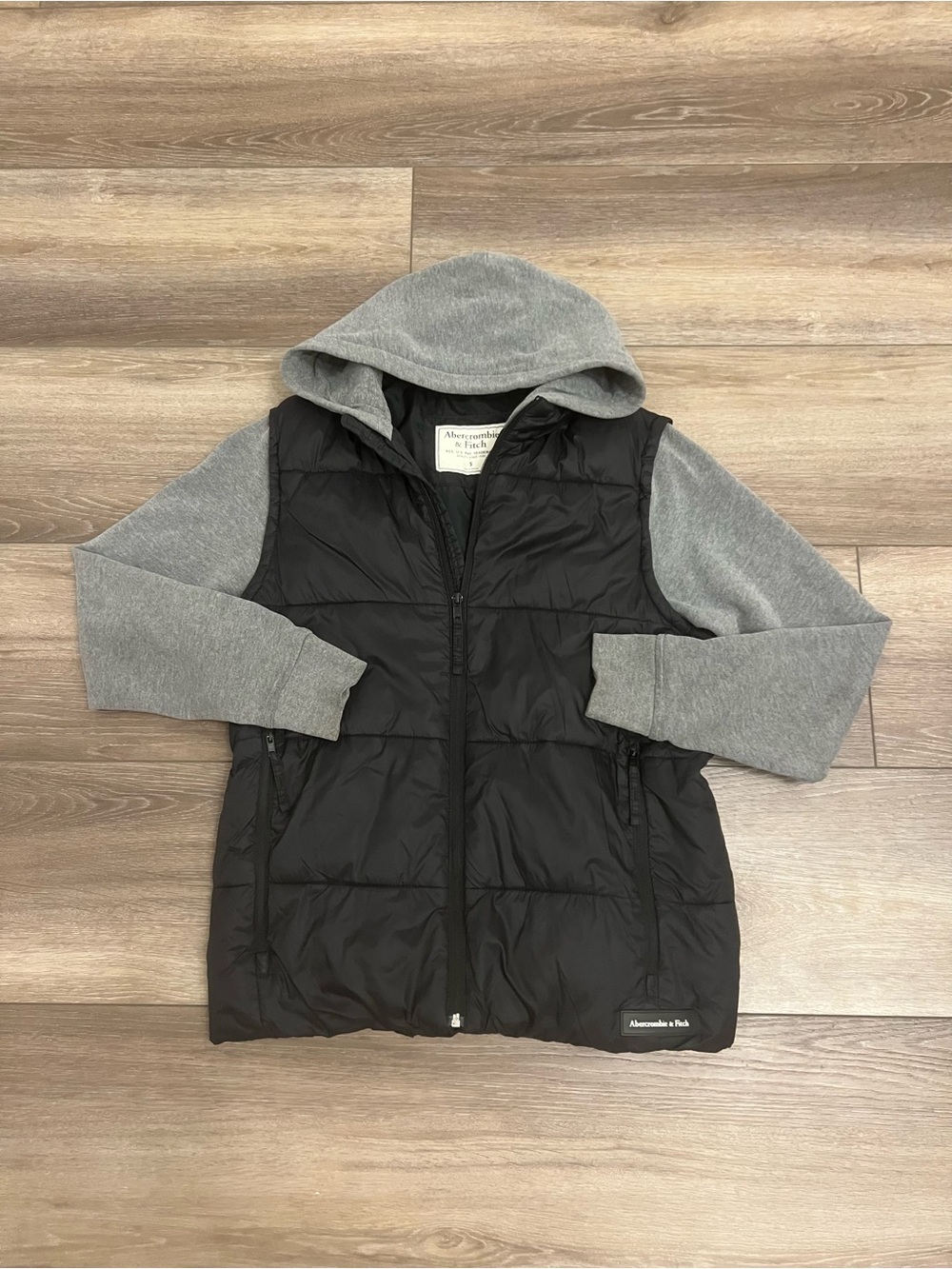 Abercrombie & Fitch Black Puffer Vest with Gray Hoodie Sleeves